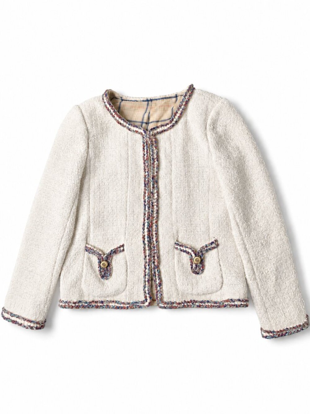 Classic French Tweed Cropped Jacket Crop Blazer with Braided Multi-Color Size S